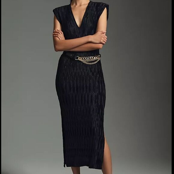 ANTHROPOLOGIE Ruched V-Neck Midi Dress Black Women’s Size Medium - Picture 2 of 8